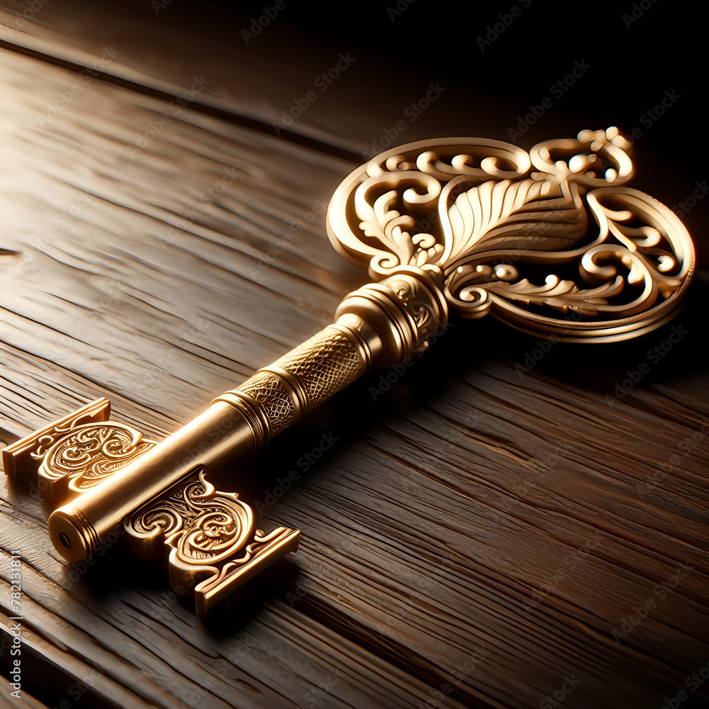 Ein goldener verzierter Schlüssel auf hölzernem Grund