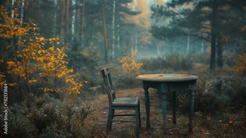 old chair and table in the autumn forest. 