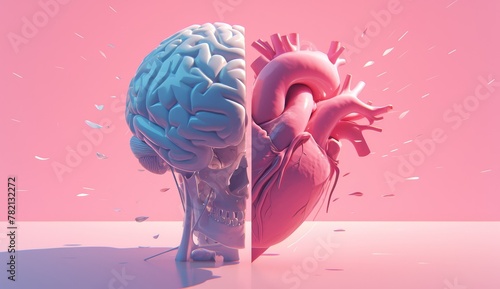 3d render of brain and heart side by side on pink background. Concept for mental health, love your self concept  #782132272