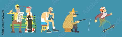 Senior Man and Woman Character Engaged in Different Activity Vector Set