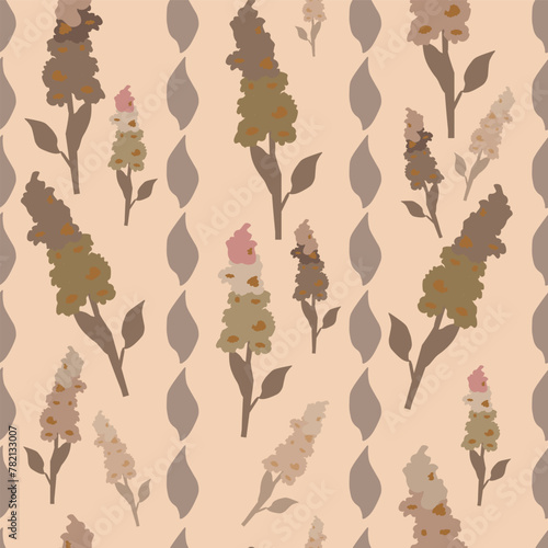 Soft, romantic, neutral colours in vintage style lupin floral composition with leafy borders vector artwork seamless pattern