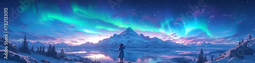 A breathtaking panoramic view of the Northern Lights over snowcovered mountains, with vibrant green and purple lights dancing in the sky above an icy lake 