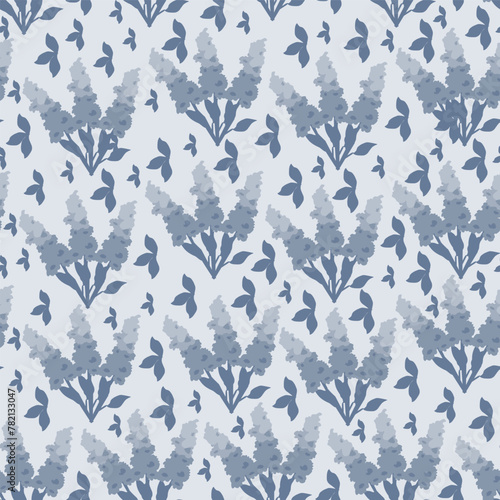 Blue lupin bouquets in toile de jouy style, French country living vibes vector artwork seamless pattern