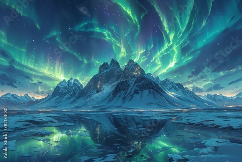 A breathtaking view of the Northern Lights dancing above snowcovered mountains, with vibrant green and purple lights reflecting off the water below. 
