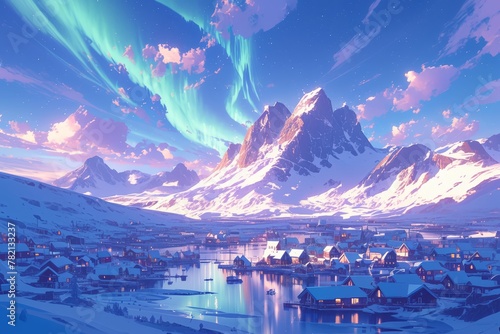 A breathtaking view of the Northern Lights dancing above snowcovered mountains