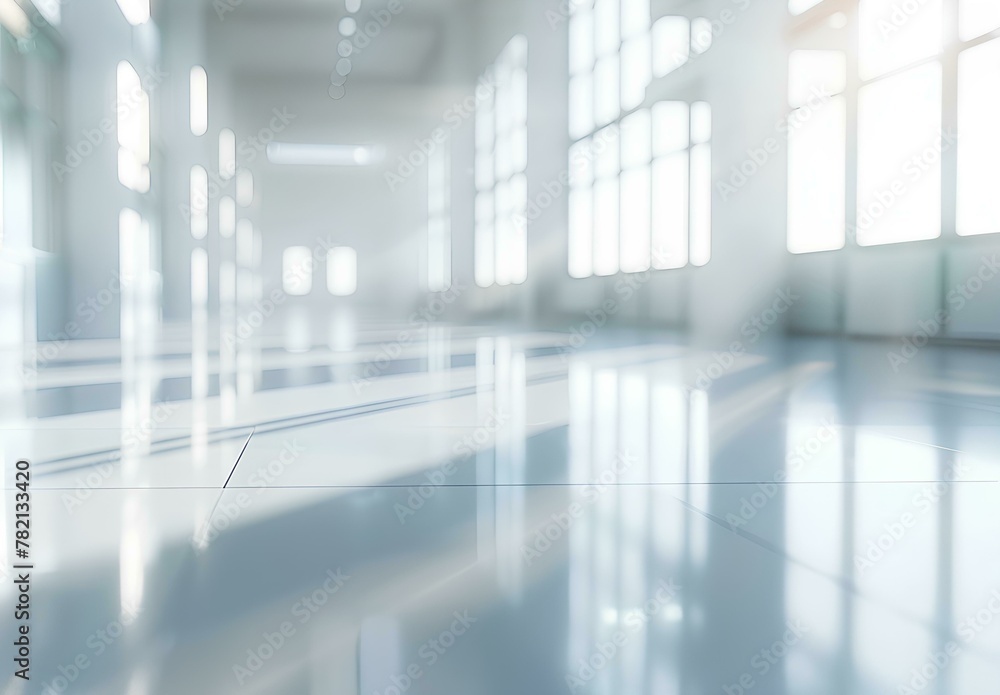 Blurred background of a hospital hall with a white floor and panoramic windows. Space for text. Background concept in the style of business, health care or medical design.