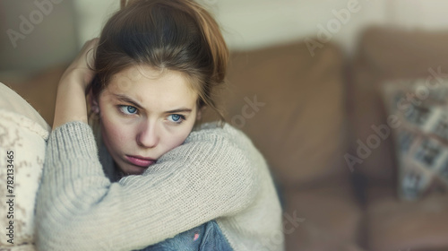 Pensive woman sitting, hugging her knees indoors. photo