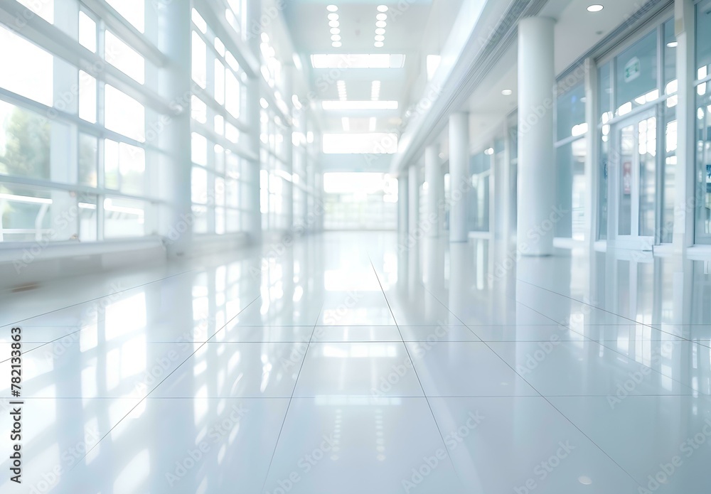 Blurred background of a hospital hall with a white floor and panoramic windows. Space for text. Background concept in the style of business, health care or medical design. Blurred background of a hospital hall with a white floor and panoramic windows. Space for text. Background concept in the style of business, health care or medical design.