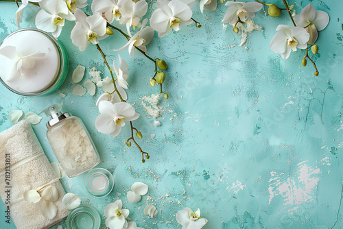 Spa setting with orchid flowers and body care and cosmetic tools on shabby chic turquoise background, top view, banner. Wellness concept