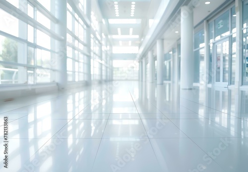 Blurred background of a hospital hall with a white floor and panoramic windows. Space for text. Background concept in the style of business  health care or medical design.