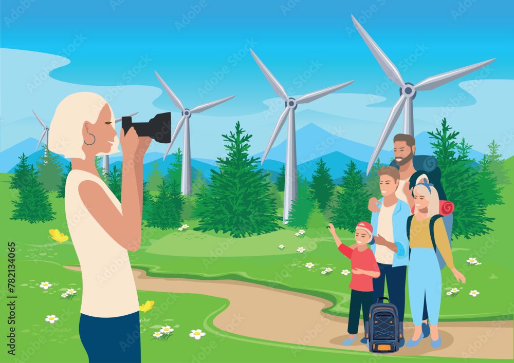 Obraz premium A family with children is photographed against the backdrop of wind generators by the road near a big city. Green energy. Protection of ecology and environment. Horizontal vector illustration.