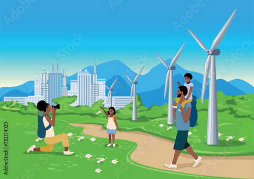 A family with children is photographed against the backdrop of wind generators by the road near a big city. Green energy. Protection of ecology and environment. Horizontal vector illustration.