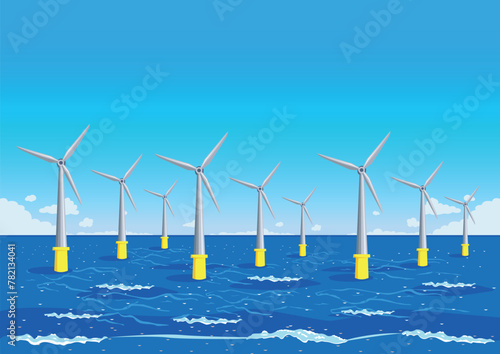 Wind power plant with many wind generators in the sea among the waves. Green energy. Protection of ecology and environment. Horizontal vector illustration.