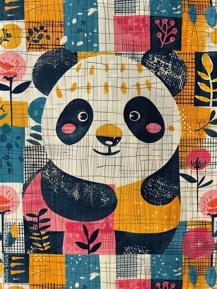 Cute panda paper patchwork, bright, playful colors with geometric designs, on a gentle cream backdrop, highlighting its allure