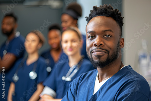 Confident multiethnic male nurse in front of his medical team looking at camera photo
