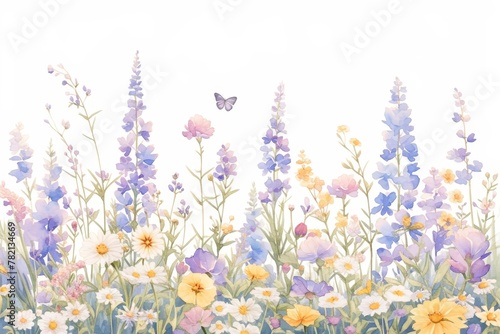 A cute watercolor floral background with various colorful flowers and butterflies. 