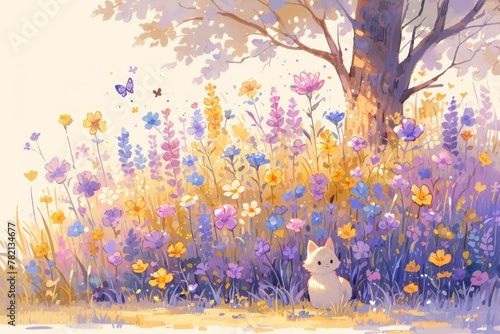 A cute watercolor floral background with various colorful flowers and butterflies. © Photo And Art Panda