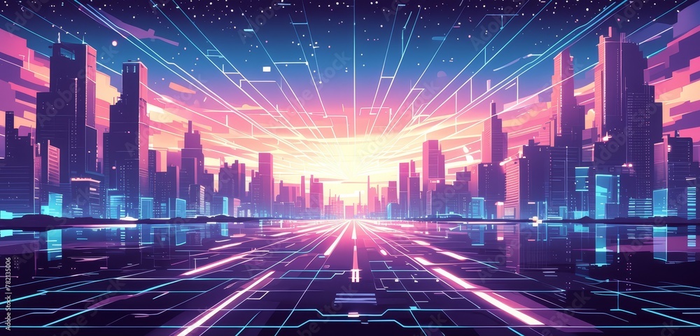 A digital background with neon grid lines and a futuristic cityscape