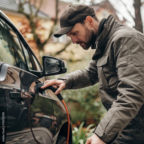 The driver of the electric car is shown inserting the electrical connector to charge the batteries.