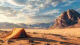 Desert camping, Document the stark beauty of desert landscapes, with campers setting up tents against dramatic sand dunes or rocky outcrops