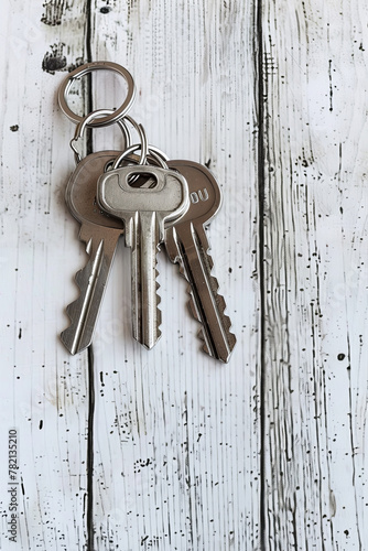 Real estate concept - Key ring and keys on white wooden background - Copy space © Fabio