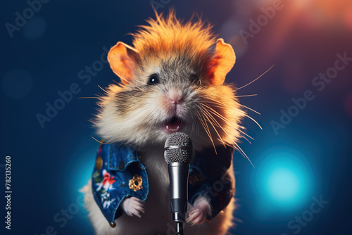 Funny Singer Stylish Hamster Sing In Mic On A Stage