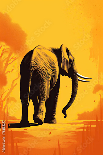 Illustration Of Big African Elephant In Orange Colors