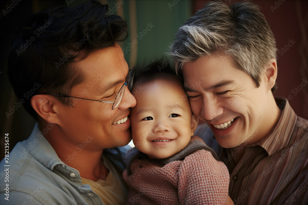 Joyous Gay Couple Holding On Hands Their Adopted Baby Boy At Home Joyous Gay Couple Holding On Hands Their Adopted Baby Boy At Home