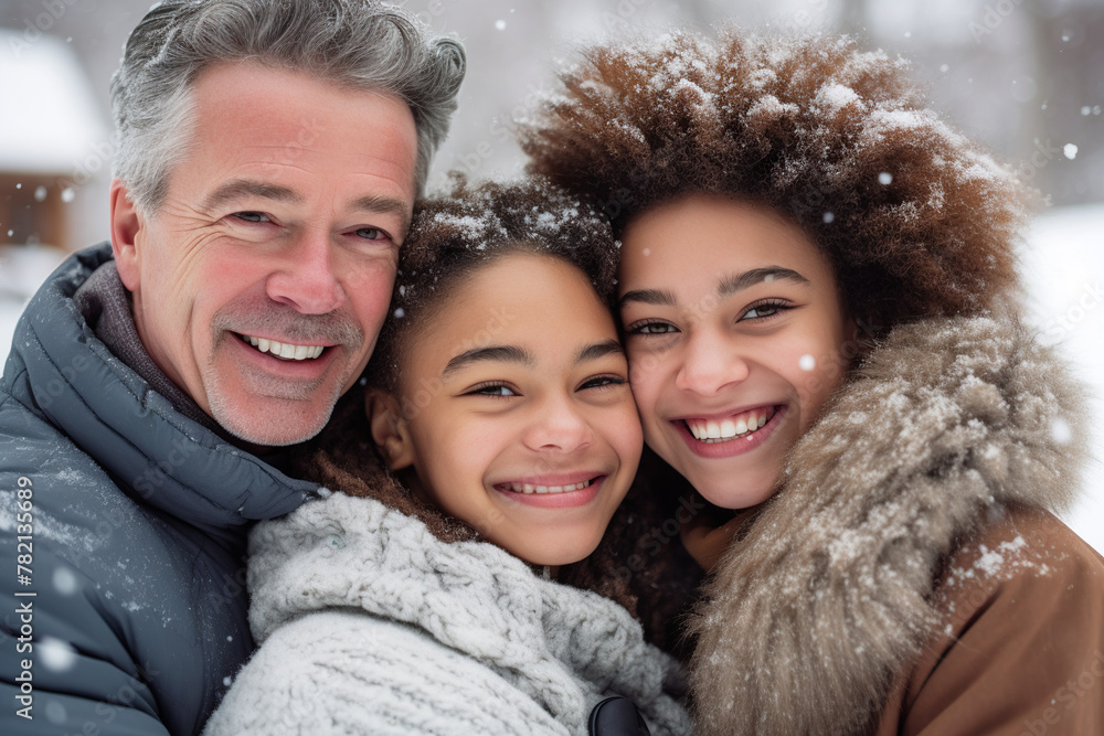 Joyful Happy Family Hugging Outdoors During Winter Holiday Joyful Happy Family Hugging Outdoors During Winter Holiday