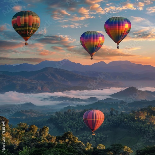 Colorful hot air balloons glide over the mountains at Doi Inthanon in Chiang Mai, Thailand.  photo
