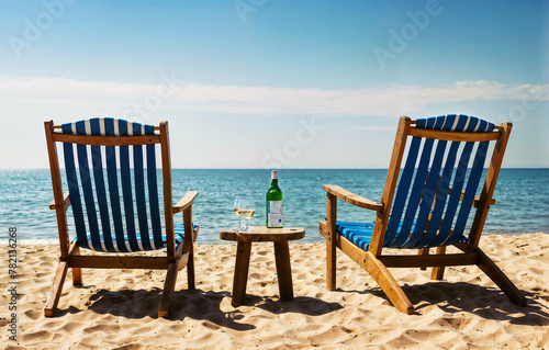 Two blue and white striped deck chairs on a sandy beach with a small wooden table holding a bottle of wine and glasses, facing the ocean