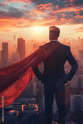 superhero businessman looking at city skyline at sunset. the concept of success, leadership and victory in business photo