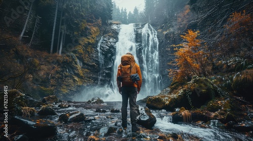Waterfall exploration, Photograph adventurers hiking to hidden waterfalls and cascades, capturing the mesmerizing beauty and power of rushing water in the wilderness