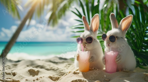 Two funny bunny rabbits in sunglasses with two glasses of a summer drink orange juice on the sandy shore of the ocean sea, the concept of advertising tourism, summer vacation at sea, banner