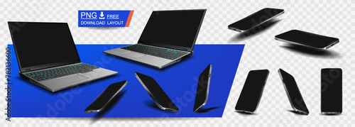 Modern collection realistic gadgets on transparent background from different sides. Slim stylish laptop with blank display and smartphone mockups from different angles. Stylish models digital devices