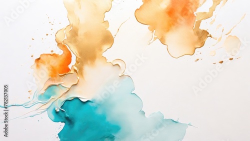 White, Gold and Orange, Teal, Gradient Watercolor On a White background