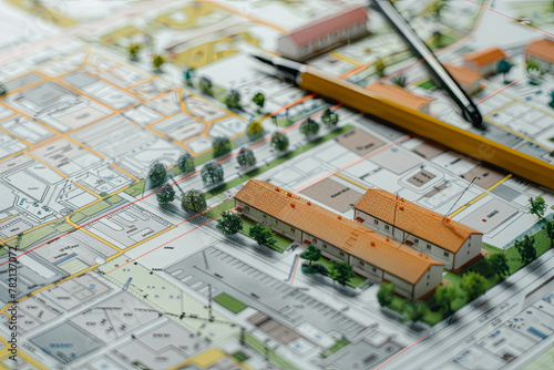 cadastral map with buildings, land parcel and vacant plot - land records and property registry concept