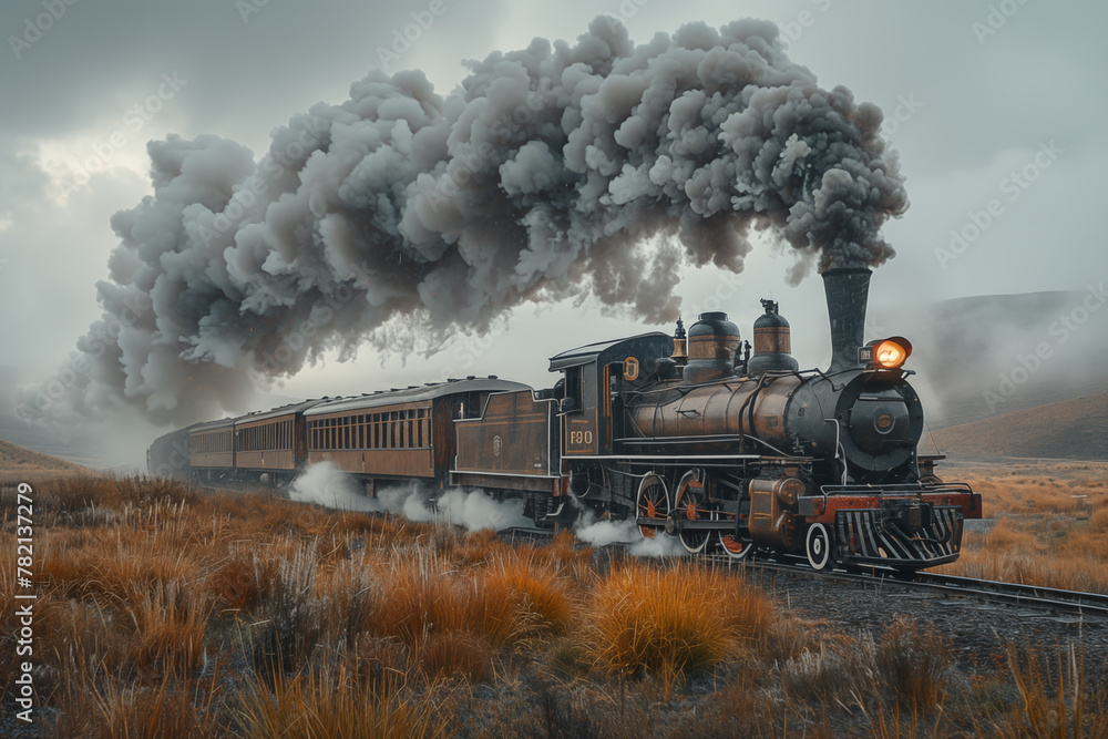locomotive with coal wagons runs on the railway lines and emits sour smoke
