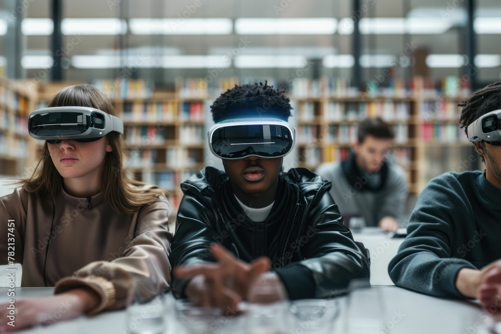 People using virtual reality headsets in a library with bookshelves in the background People using virtual reality headsets in a library with bookshelves in the background