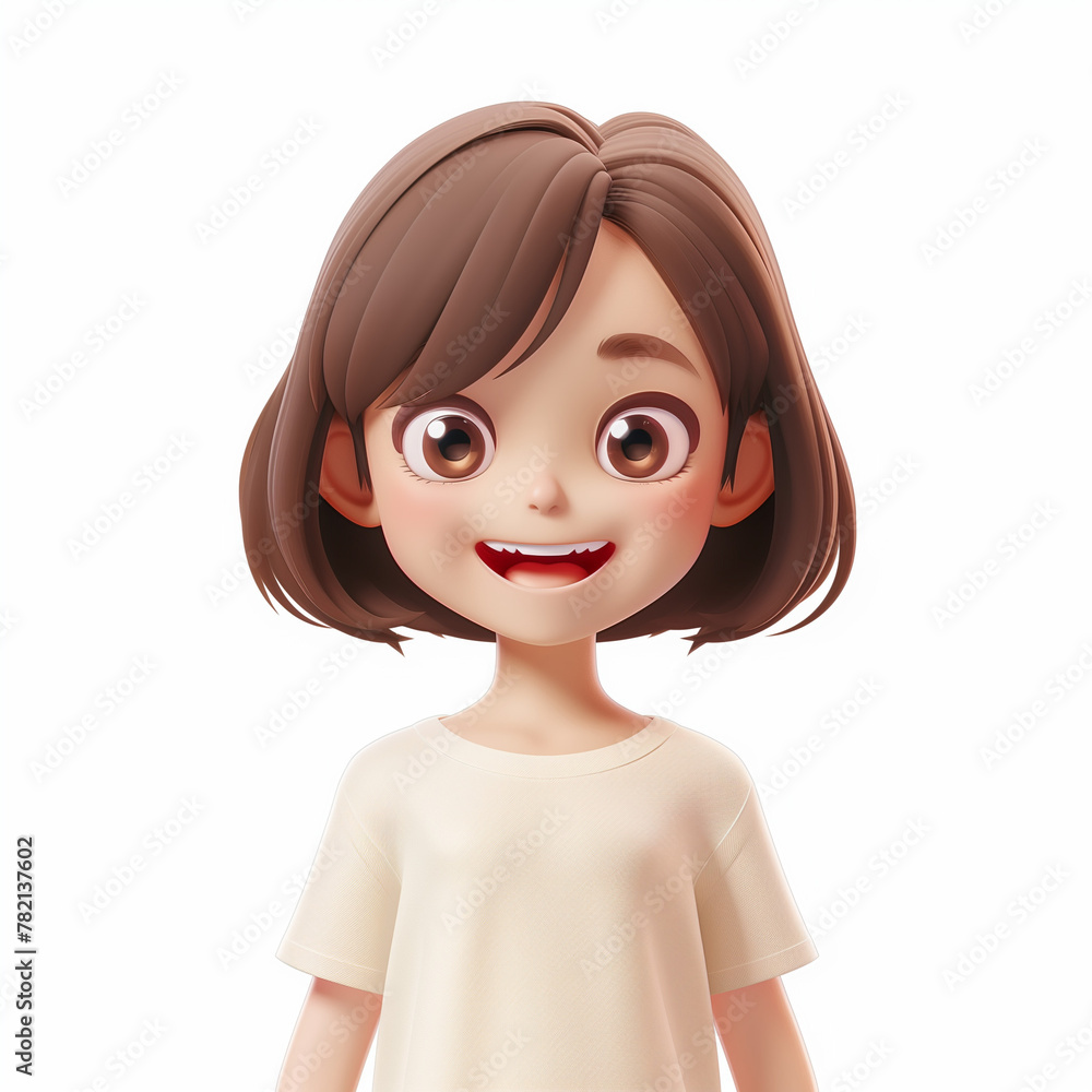 Simple teen character 3d render avatar, smiling short haired brunette girl in cream t-shirt. Androgynous style. Cute minimalistic Simple teen character 3d render avatar, smiling short haired brunette girl in cream t-shirt. Androgynous style. Cute minimalistic