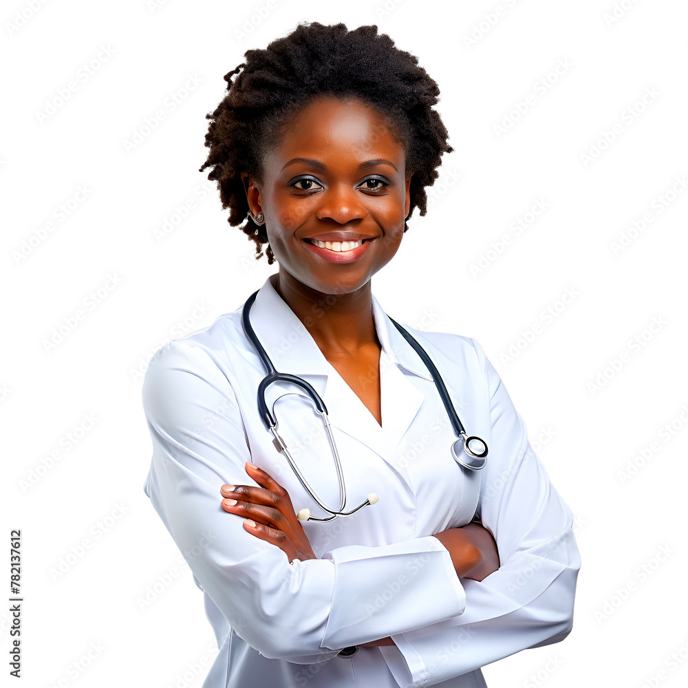 A great smiling black woman doctor looking at the camera wearing a clinic uniform. Health care worker. Isolated on a transparent background
A great smiling black woman doctor looking at the camera wearing a clinic uniform. Health care worker. Isolated on a transparent background