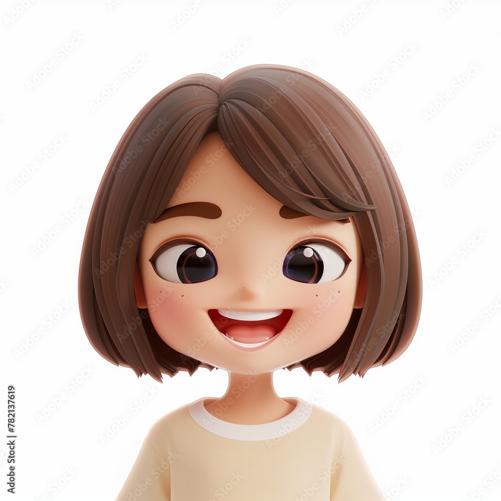 Simple teen character 3d render avatar, smiling short haired brunette girl in cream t-shirt. Androgynous style. Cute minimalistic Simple teen character 3d render avatar, smiling short haired brunette girl in cream t-shirt. Androgynous style. Cute minimalistic