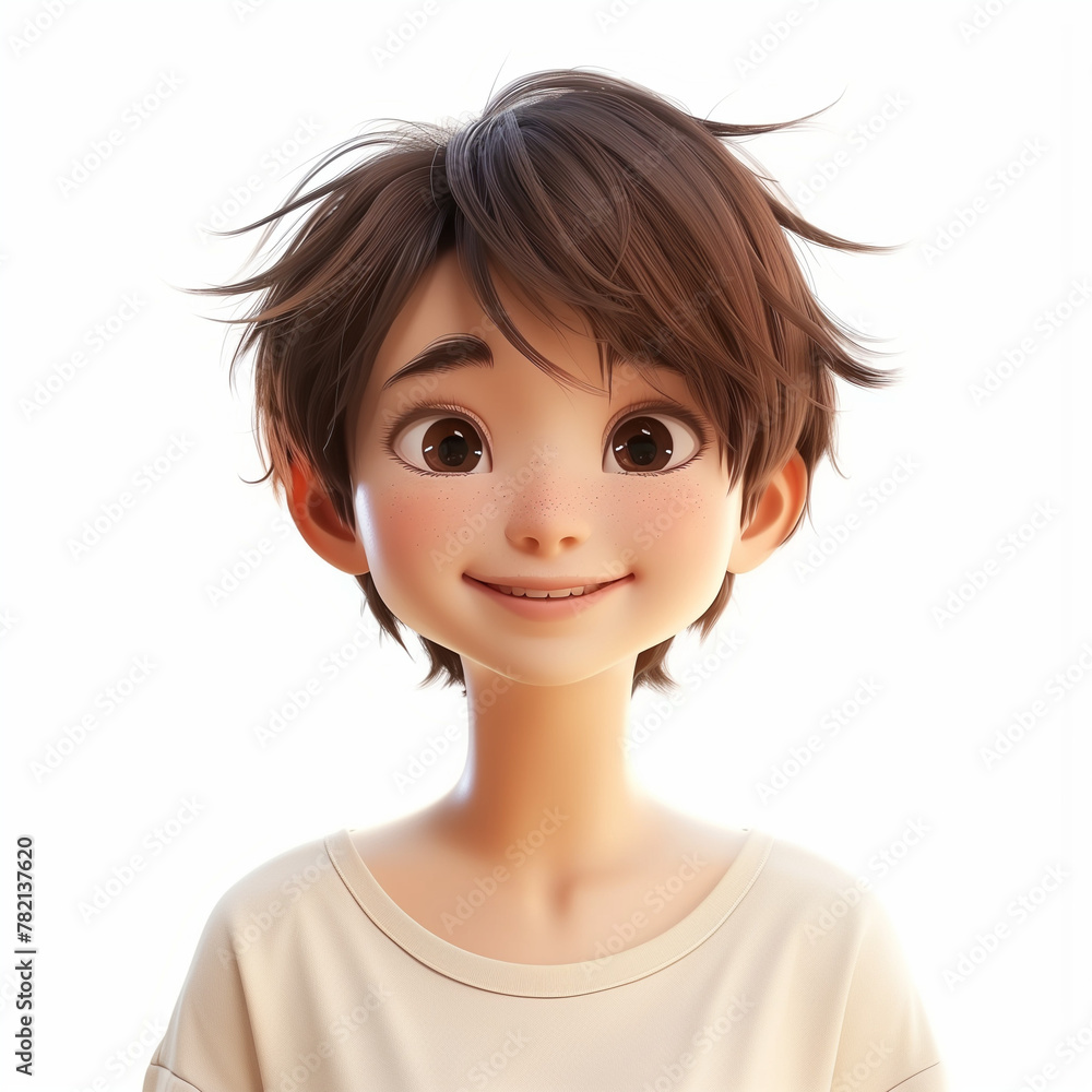 Simple teen character 3d render avatar, smiling short haired brunette girl in cream t-shirt. Androgynous style. Cute minimalistic Simple teen character 3d render avatar, smiling short haired brunette girl in cream t-shirt. Androgynous style. Cute minimalistic