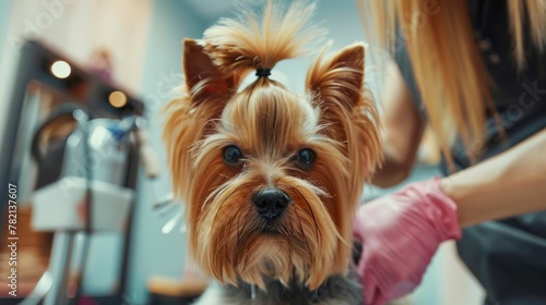 Yorkshire terrier at a grooming session, perfect for pet beauty and care industry.