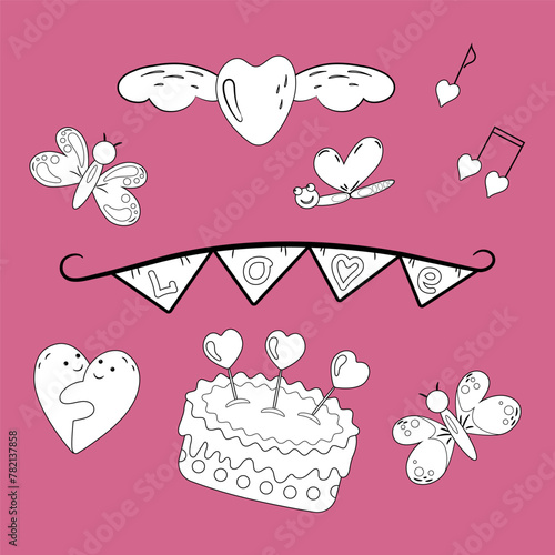 Love set. Cartoon illustrations with heart elements. Black and white on pink background