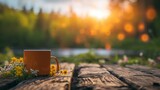 Morning Sunrise on a Dock with Coffee Cup