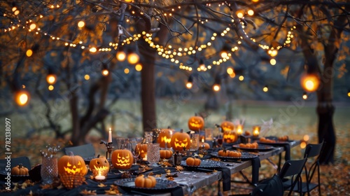 Outdoor Halloween dinner setup with fairy lights and pumpkins, ideal for autumn events. photo