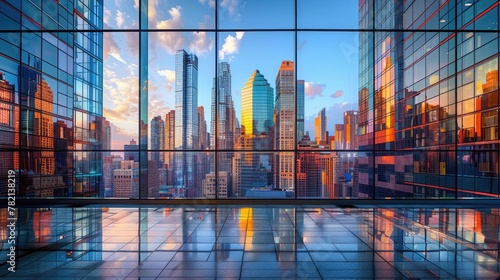Reflection of skyscrapers in a glass building photo