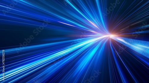 Digital image of light rays, stripes lines with blue light, speed and motion blur over dark blue background.Crossing Time and Space Tunnel