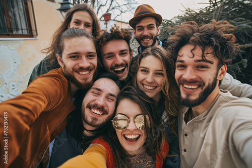 Big group of friends taking selfie picture smiling at camera - Laughing young people celebrating standing outside and having fun photo